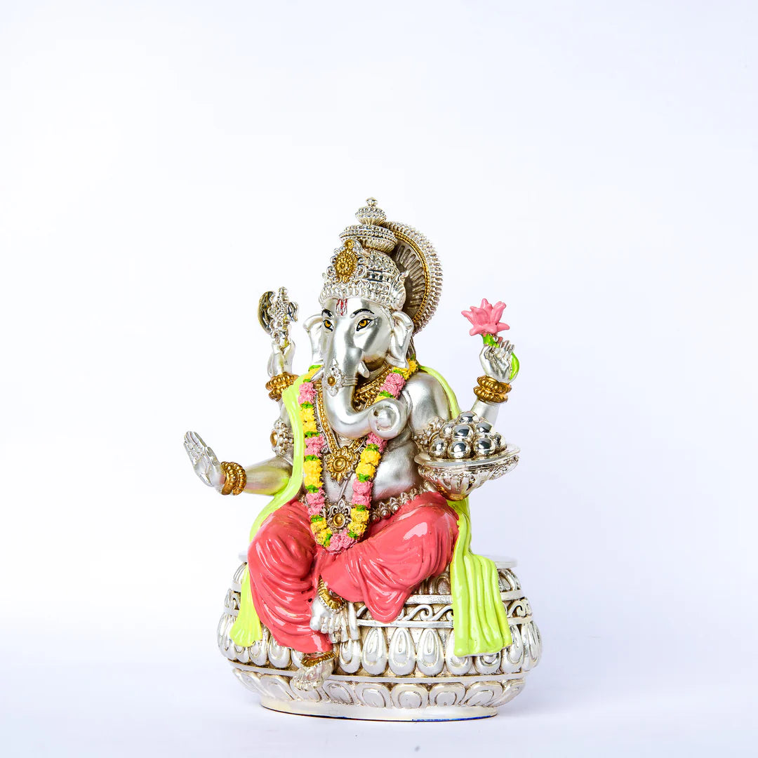 Silver Plated Coloured Ganesha Idol