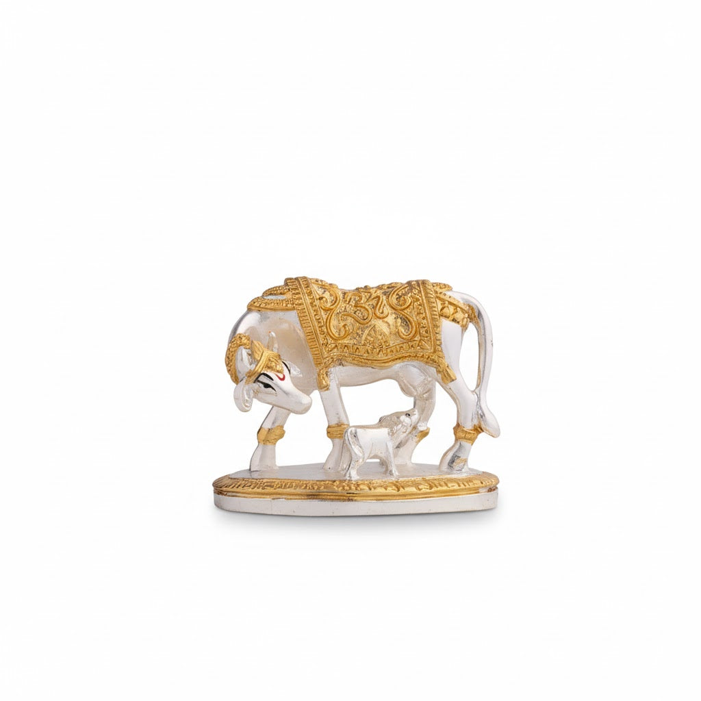 Kamdhenu Cow with Calf Idol - Gold & Silver Plated 5 Inch