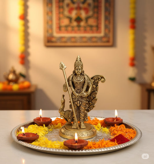 Handcrafted Lord Murugan With Peacock Idol for Pooja and Home Decor