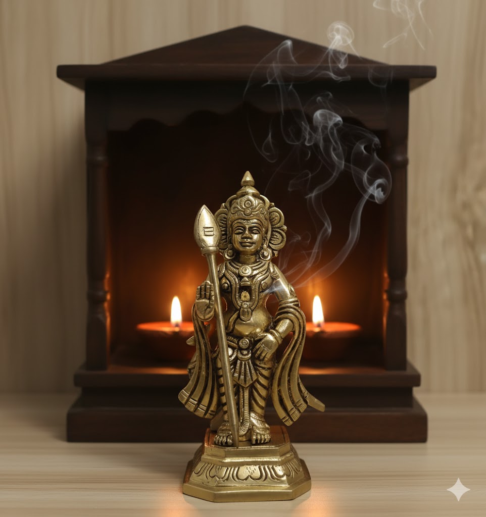 Brass Murugan Silai for Puja Room, Handcrafted Karthikeya Idol for Home Temple & Pooja Decor