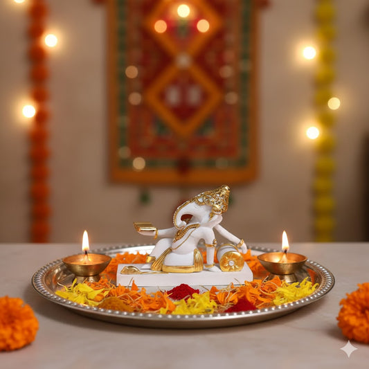 Premium White & Gold Ganesha Reading Idol