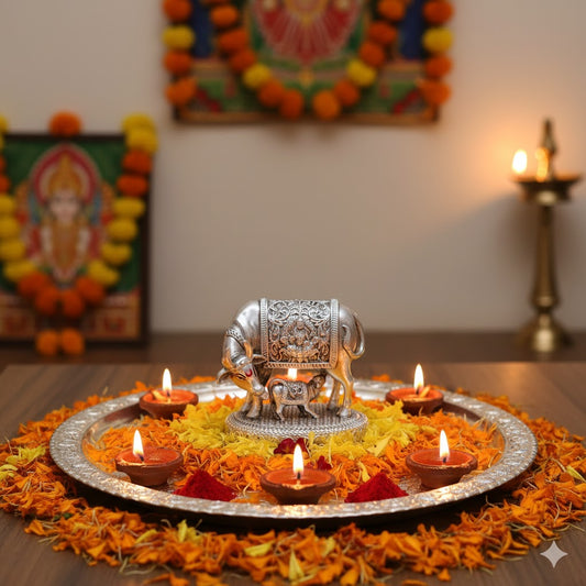 Silver plated Kamdhenu Cow with Calf Idol