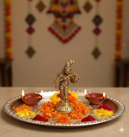 Buy Brass Andal Idol Online – Handcrafted 3 inch, 120g Thiruppavai Goddess Statue for Pooja, Home Temple & Divine Grace