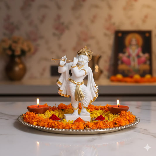 Elegant White & Gold Lord Krishna Idol Playing Flute
