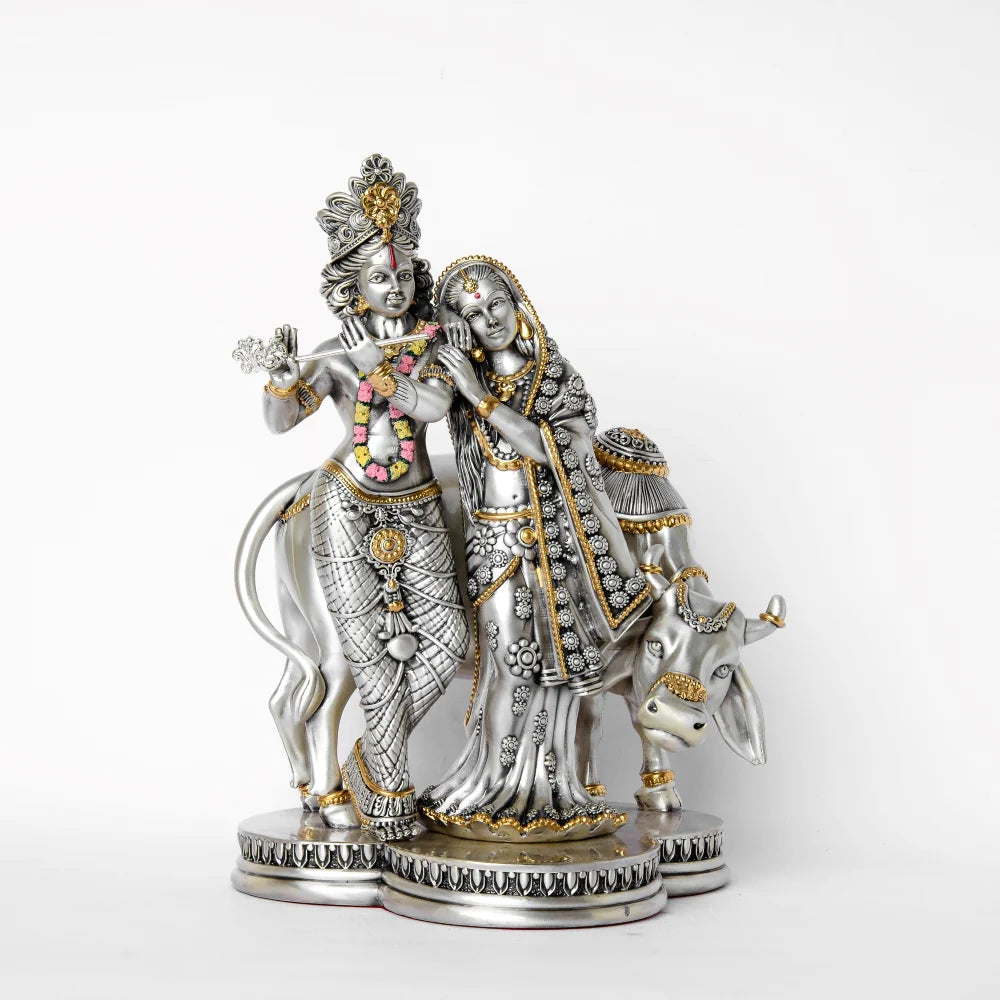 Silver Plated Radha Krishna With Cow Idol