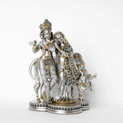 Silver Plated Radha Krishna With Cow Idol