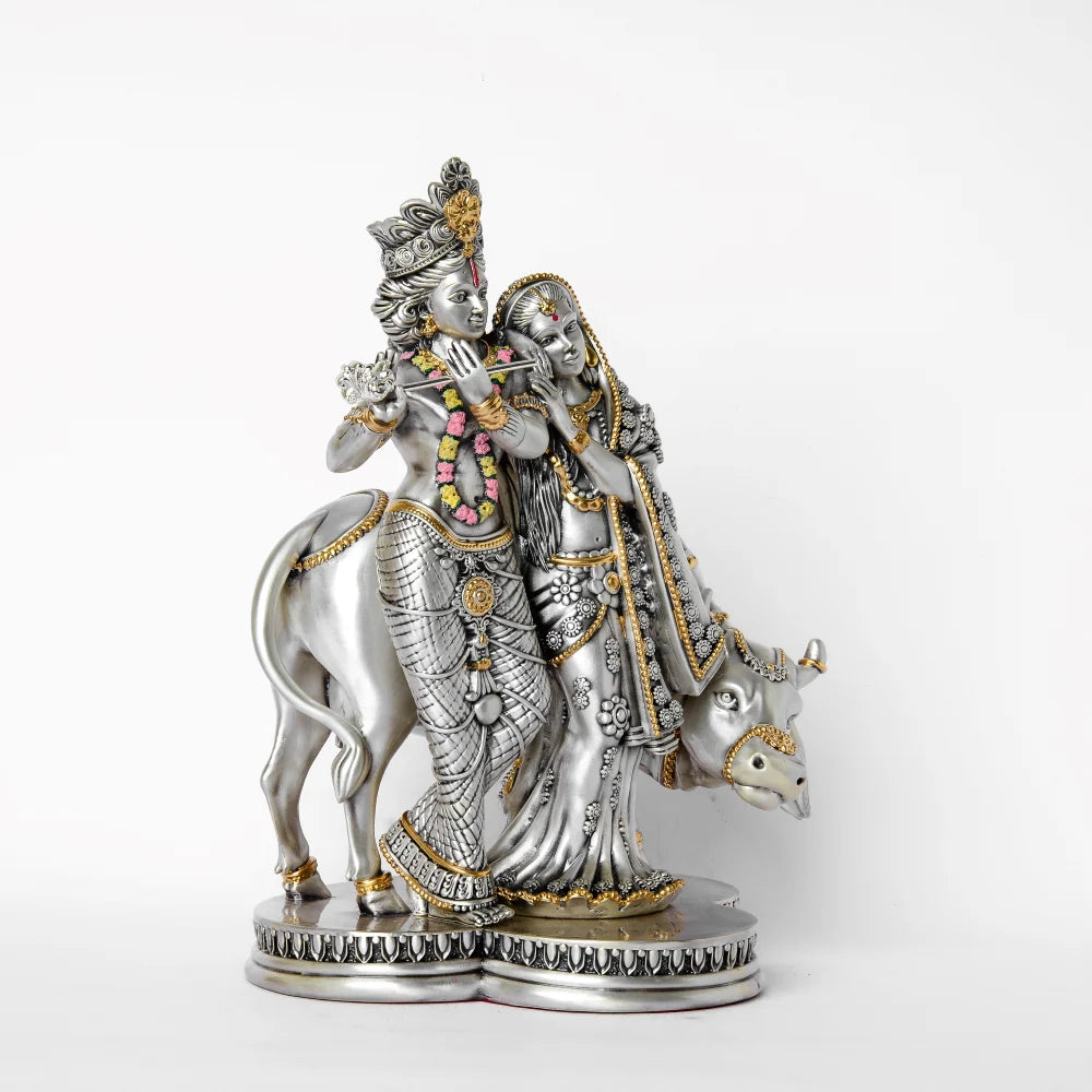 Silver Plated Radha Krishna With Cow Idol