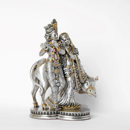Silver Plated Radha Krishna With Cow Idol