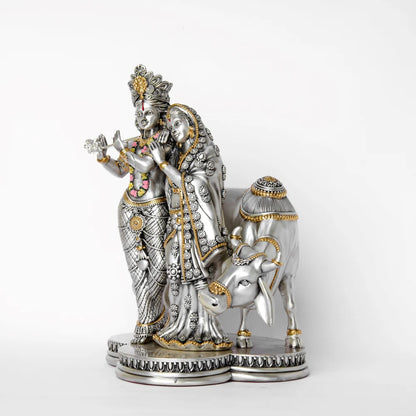 Silver Plated Radha Krishna With Cow Idol