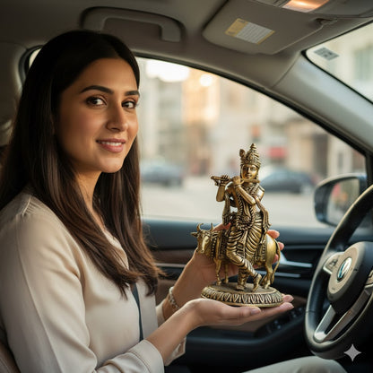 Brass Krishna With Cow Idol