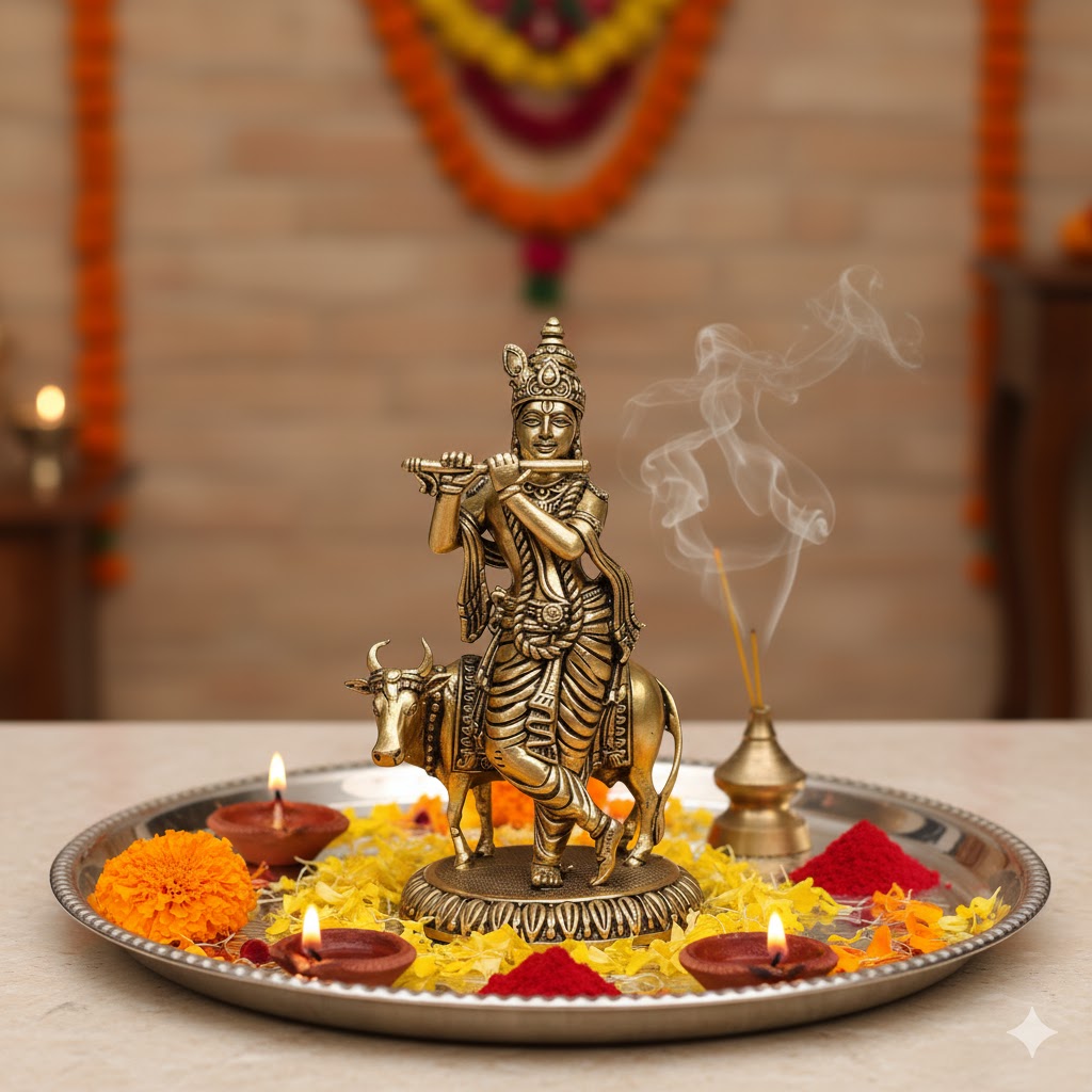 Brass Krishna With Cow Idol