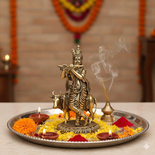 Brass Krishna With Cow Idol