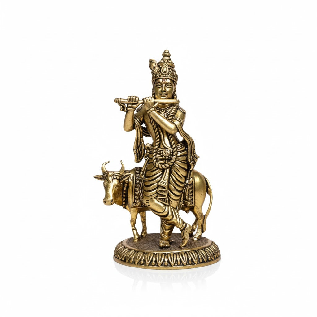 Brass Krishna With Cow Idol