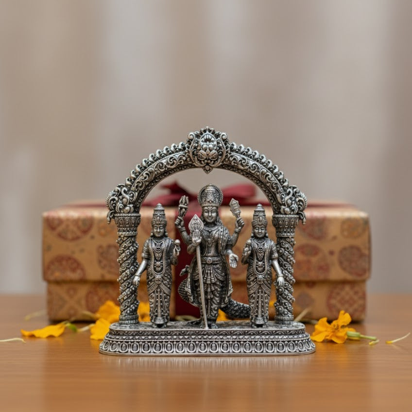 Silver Plated Lord Murugam Valli Deivanai Idol (4 Inch)