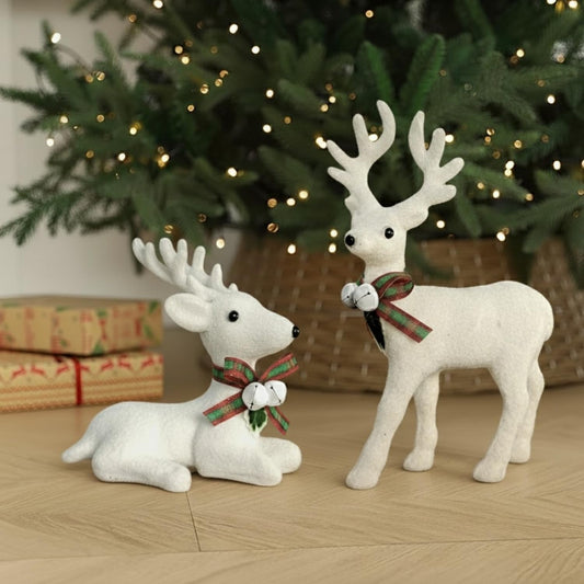 Set of 2 Christmas Reindeer Figurines Elegant Deer for Christmas Decoration White Glitter Sitting & Standing Reindeers