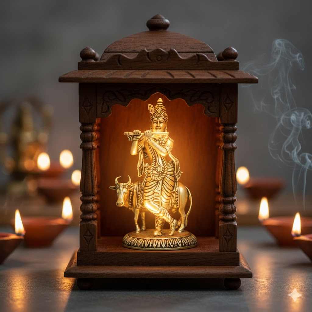 Brass Krishna With Cow Idol