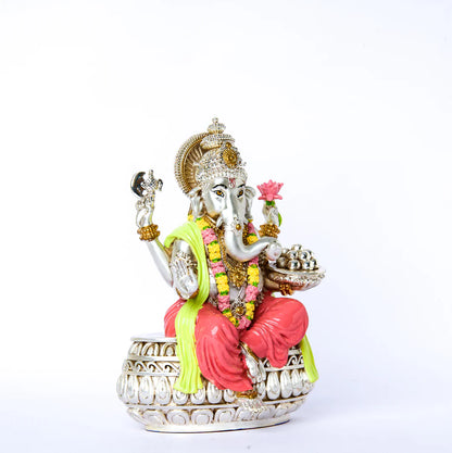 Silver Plated Coloured Ganesha Idol