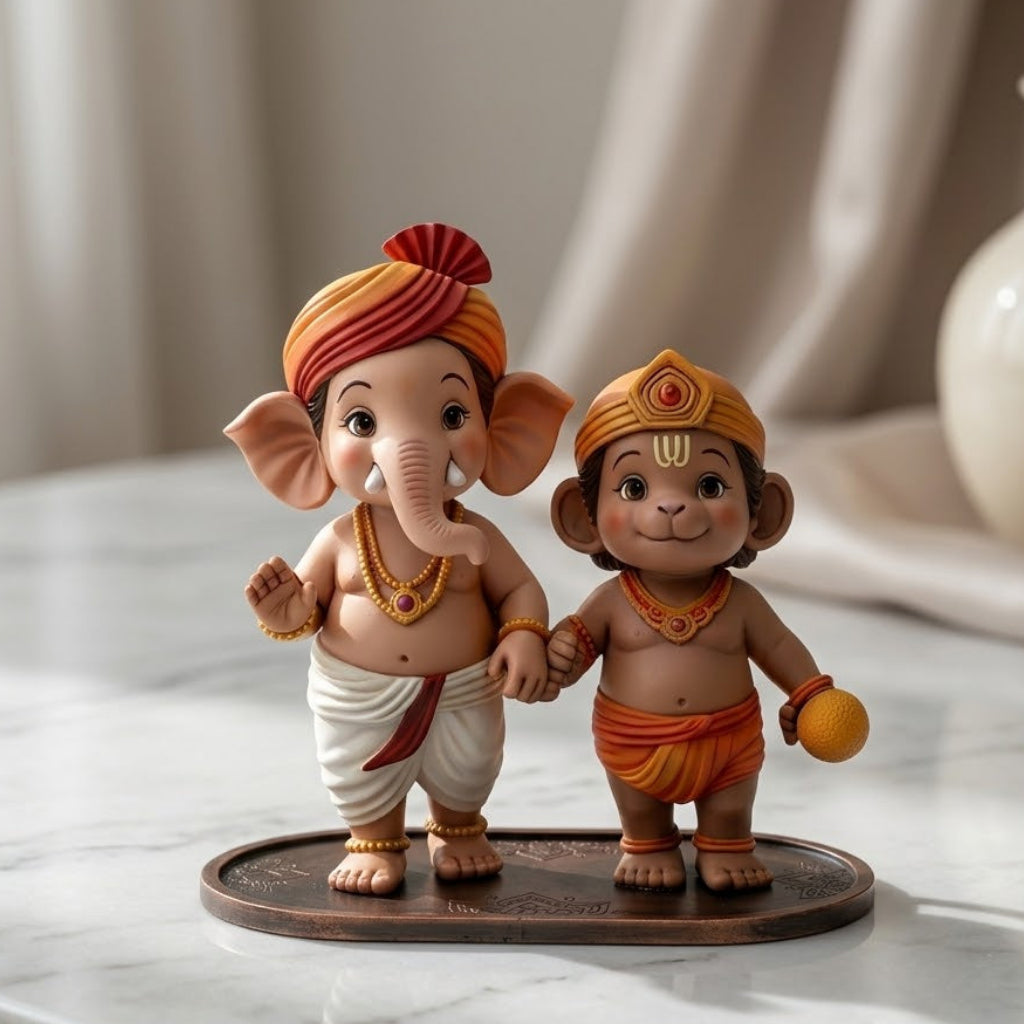 Divine Bal Ganesha Hanuman Friendship Idol