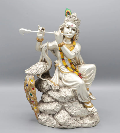 Silver Plated Krishna Sitting with Peacock Idol