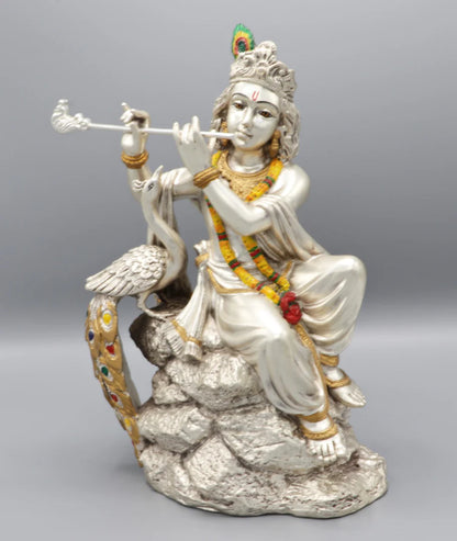 Silver Plated Krishna Sitting with Peacock Idol