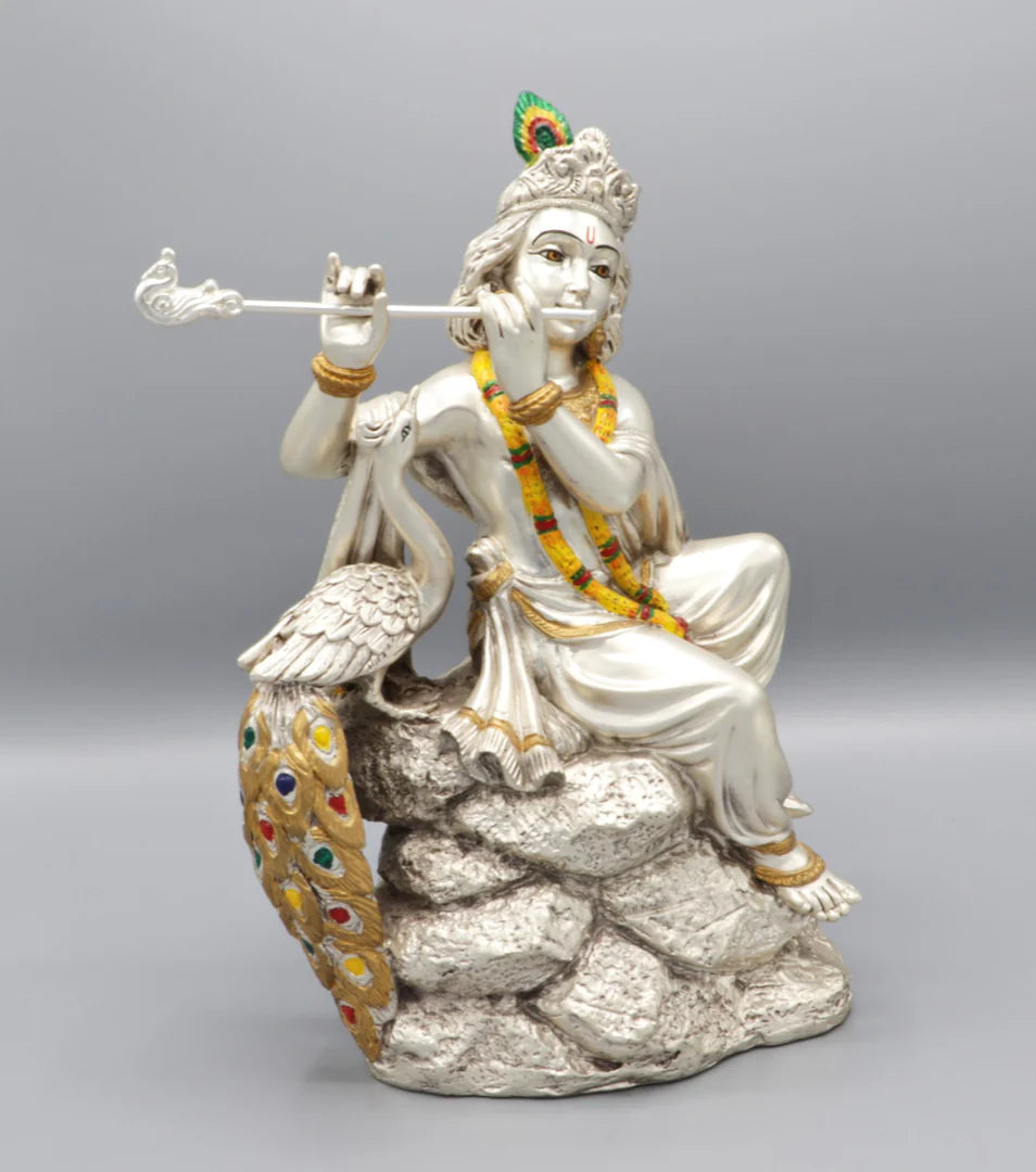 Silver Plated Krishna Sitting with Peacock Idol