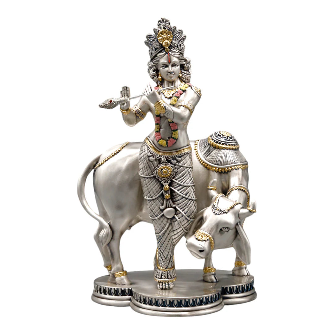 Silver Plated Krishna With Cow Idol
