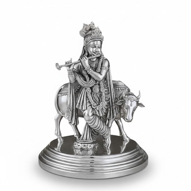 Silver Plated Lord Krishna With Cow Idol
