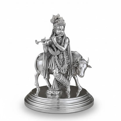 Silver Plated Lord Krishna With Cow Idol