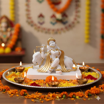Luxurious White & Gold Lord Krishna With Cow Idol (5.5 Inch)