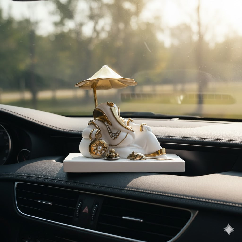 Resting Ganesh Idol With Umbrella For Car Dashboard -Gold Plated