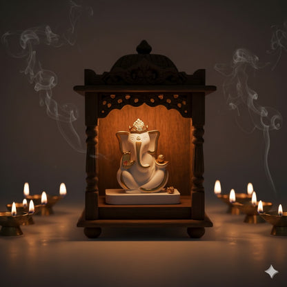 Elegant White & Gold Mukut Ganesh Idol For Car Dashboard