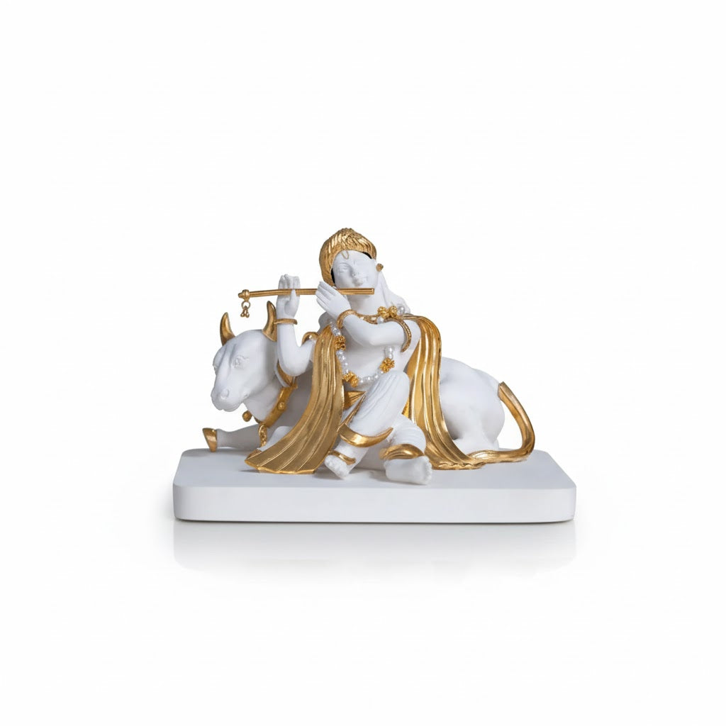 Luxurious White & Gold Lord Krishna With Cow Idol (5.5 Inch)