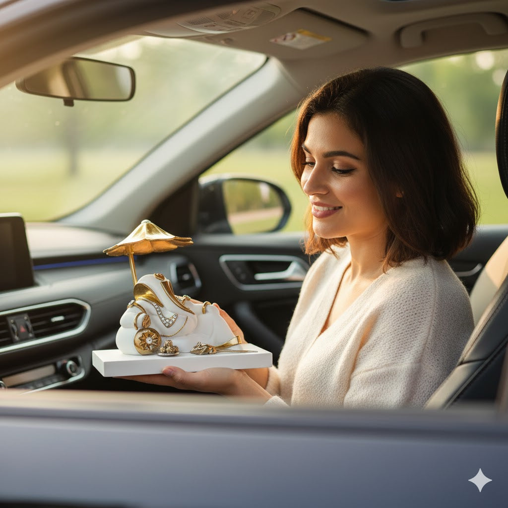 Resting Ganesh Idol With Umbrella For Car Dashboard -Gold Plated
