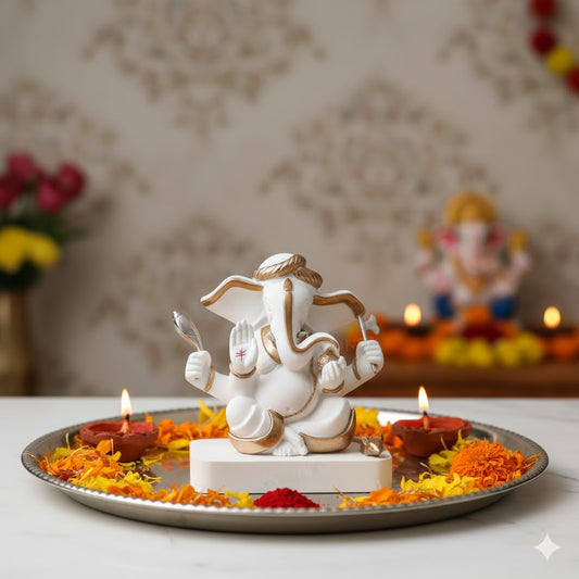 Exquisite White & Gold Plated Kaan Ganesh Murti