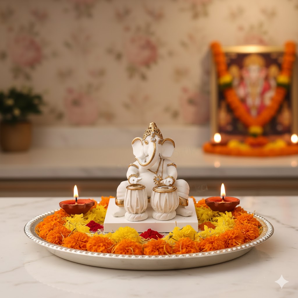 Elegant White & Gold Ganesha Playing Tabla Idol