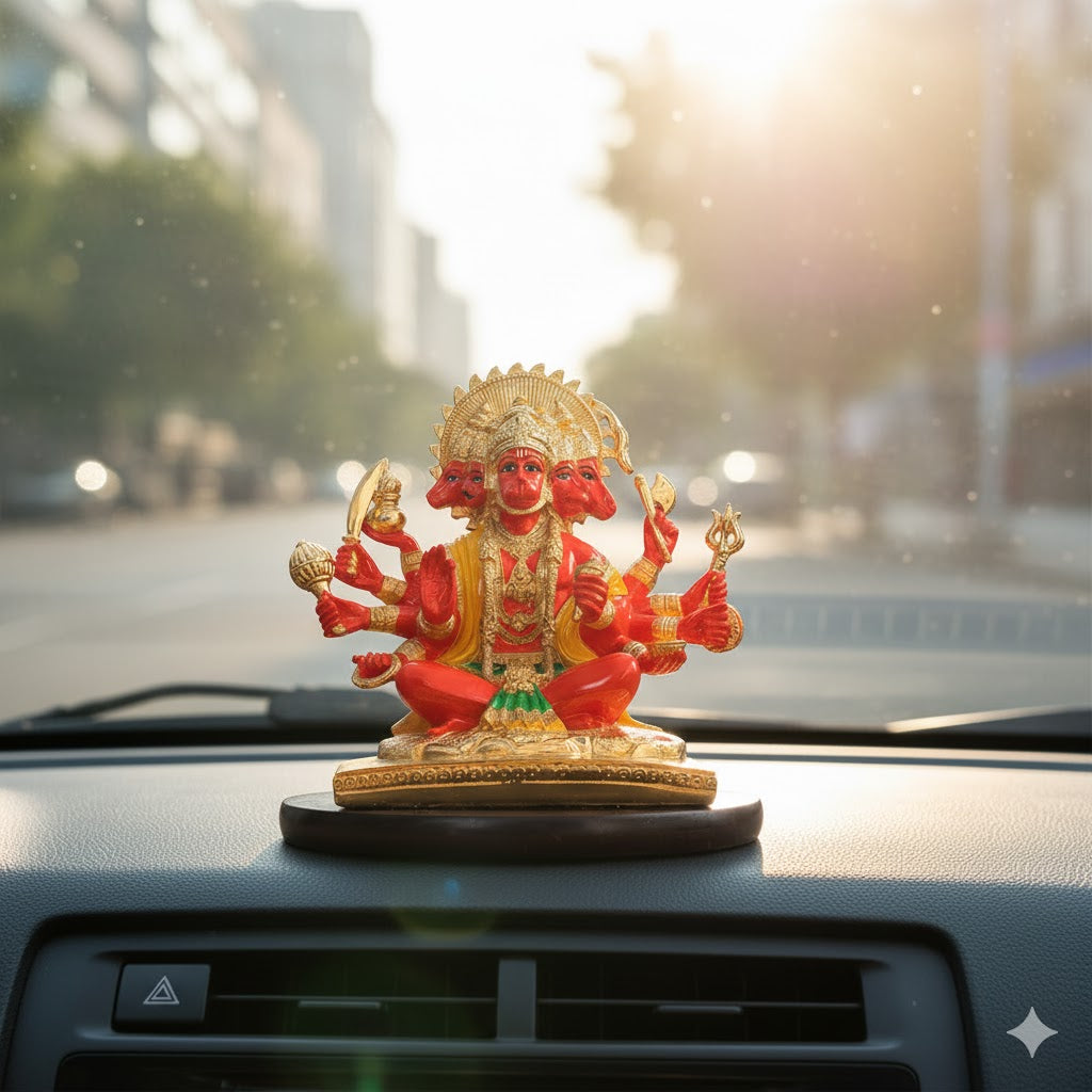 Panchmukhi Hanuman Statue With Orange Enamel - Gold Plated
