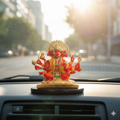 Panchmukhi Hanuman Statue With Orange Enamel - Gold Plated