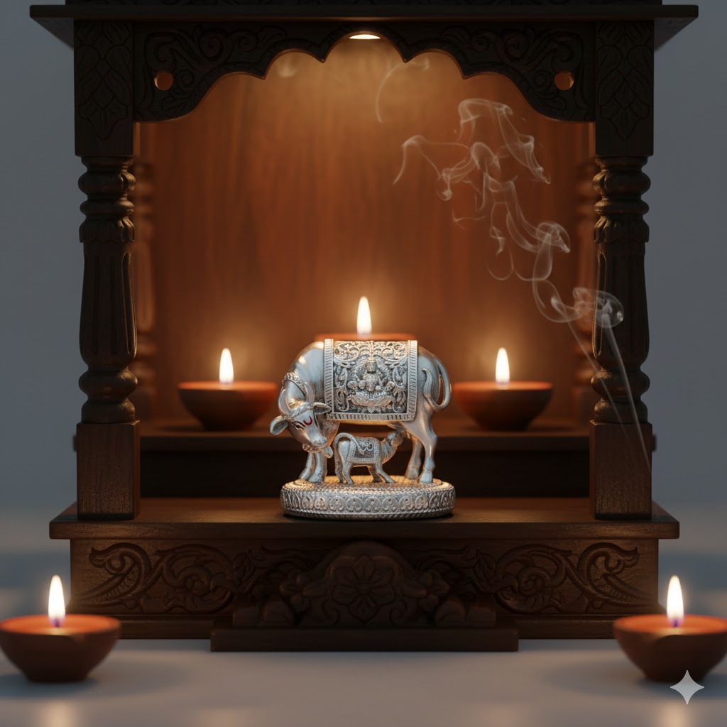 Silver plated Kamdhenu Cow with Calf Idol