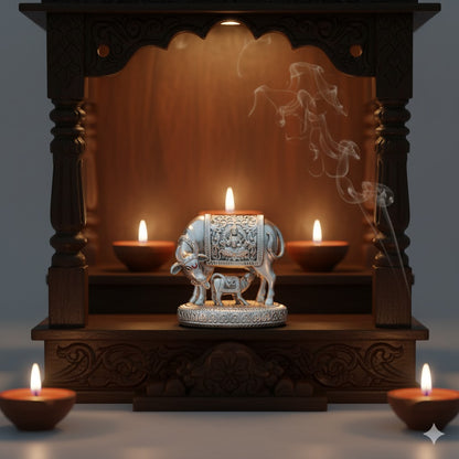Silver plated Kamdhenu Cow with Calf Idol