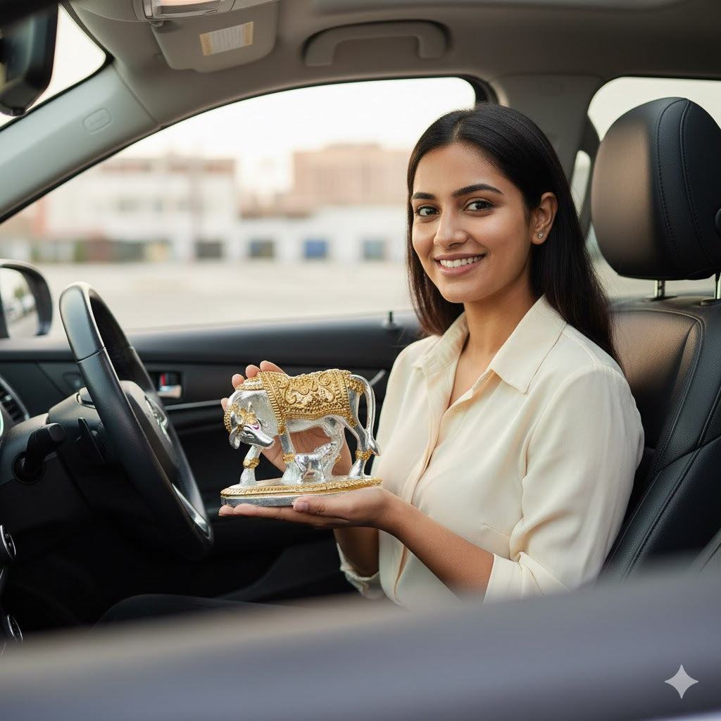 Kamdhenu Cow with Calf Idol - Gold & Silver Plated 5 Inch