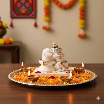 Luxurious White & Gold Ganesh With Shivling Gajanana Idol (4 Inch)