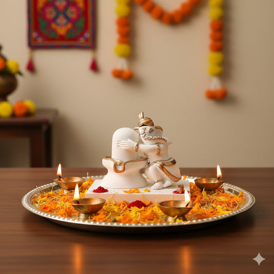 Luxurious White & Gold Ganesh With Shivling Gajanana Idol (4 Inch)