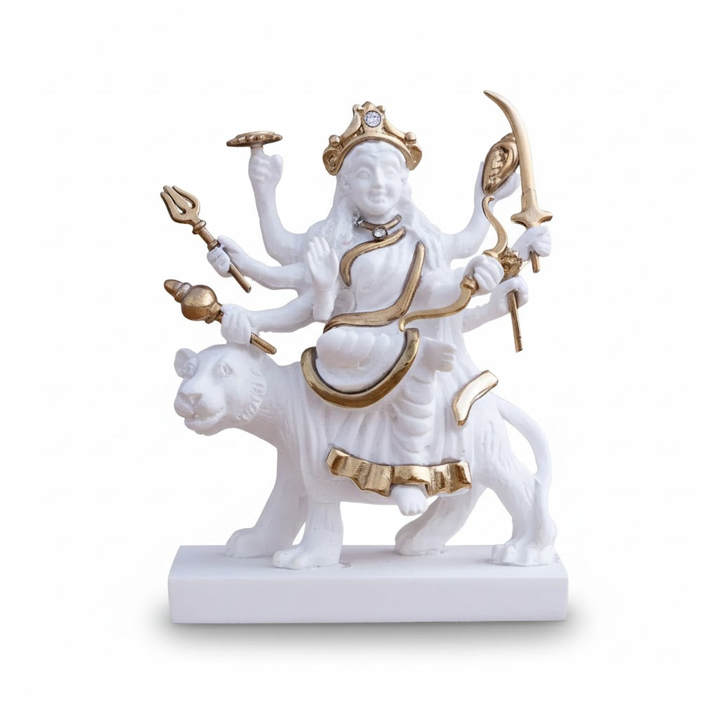 Exquisite White & Gold Sherawali Mata Murti