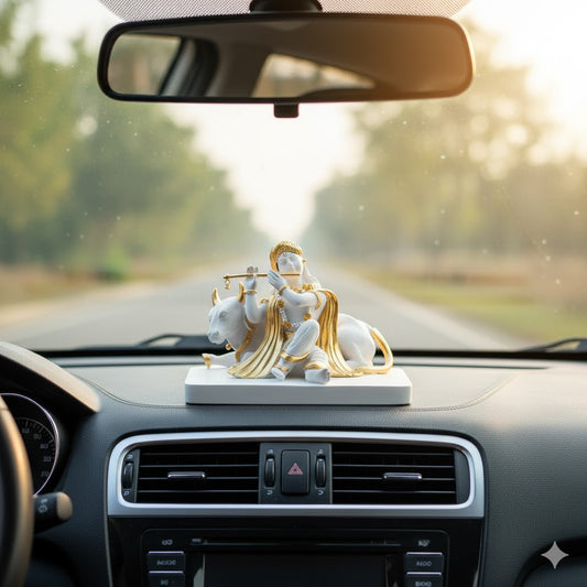 Luxurious White & Gold Lord Krishna With Cow Idol (5.5 Inch)