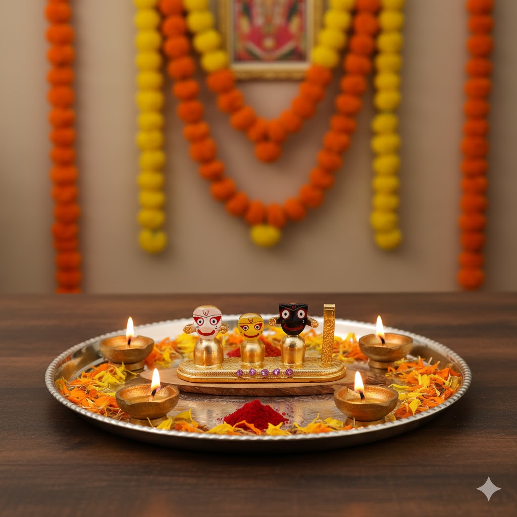 Lord Jagannath, Subhadra, Balabhadra Murti Set - Gold Plated (4 Inch)