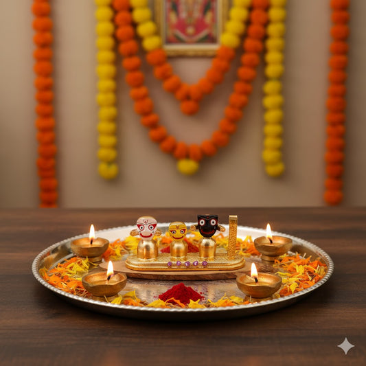 Lord Jagannath, Subhadra, Balabhadra Murti Set - Gold Plated (4 Inch)