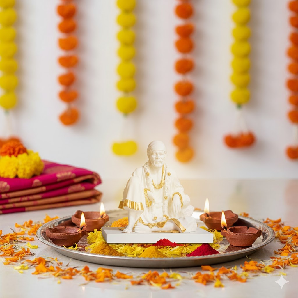 Luxurious White & Gold Sitting Sai Baba Idol
