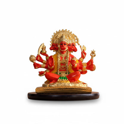 Panchmukhi Hanuman Statue With Orange Enamel - Gold Plated