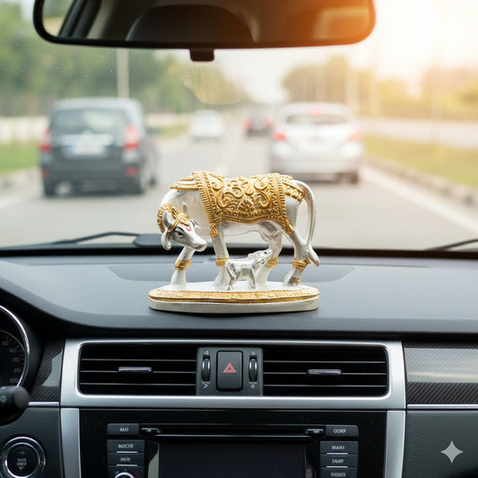 Kamdhenu Cow with Calf Idol - Gold & Silver Plated 5 Inch