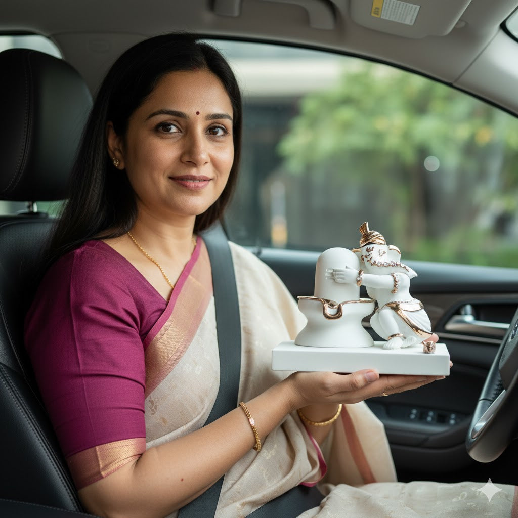 Luxurious White & Gold Ganesh With Shivling Gajanana Idol (4 Inch)